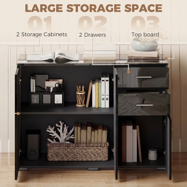 HOMCOM Sideboard, Modern Storage Cabinet with 2 Drawers, 3 Doors and Adjustable Shelves, High Gloss Black