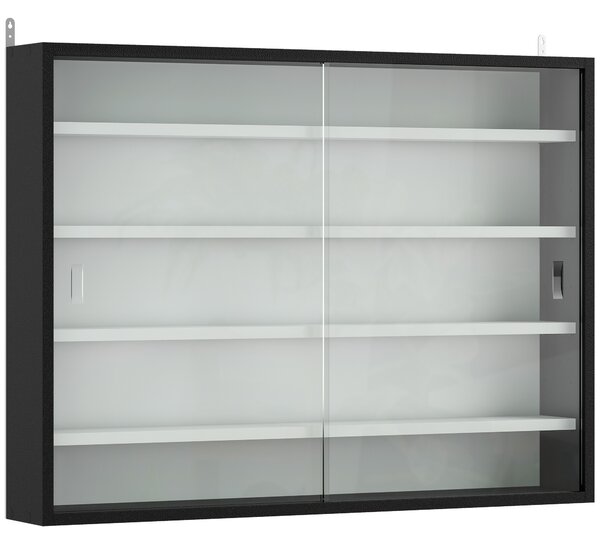 HOMCOM 5-Tier Wall Display Cabinet, Wall Mounted Display Case w/ 4 Adjustable Shelves, Glass Doors, 60x80cm, Black and White