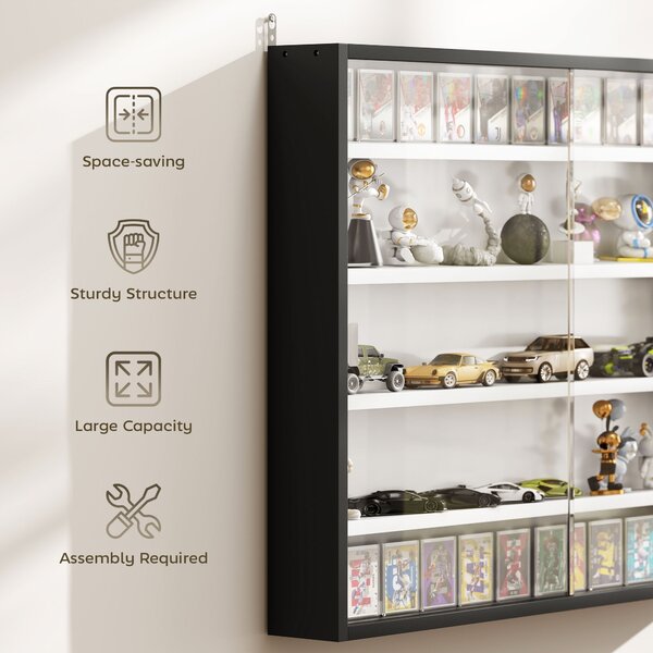 HOMCOM 5-Tier Wall Display Cabinet, Wall Mounted Display Case w/ 4 Adjustable Shelves, Glass Doors, 60x80cm, Black and White