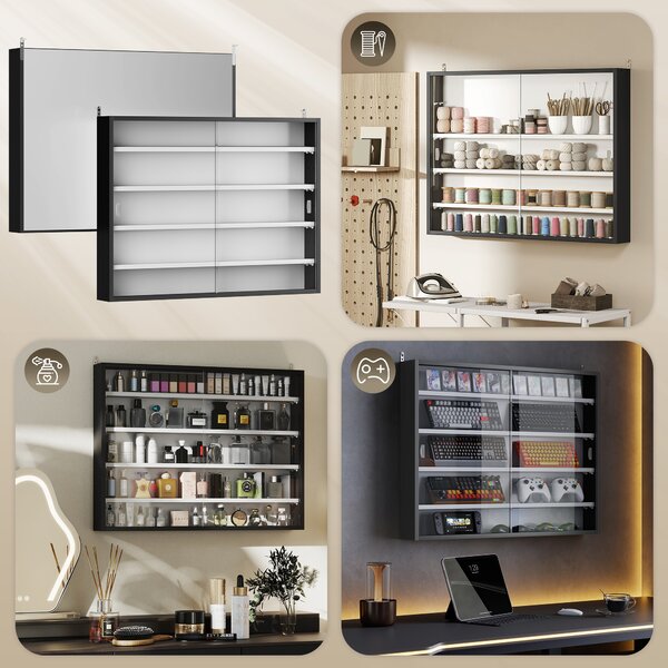 HOMCOM 5-Tier Wall Display Cabinet, Wall Mounted Display Case w/ 4 Adjustable Shelves, Glass Doors, 60x80cm, Black and White