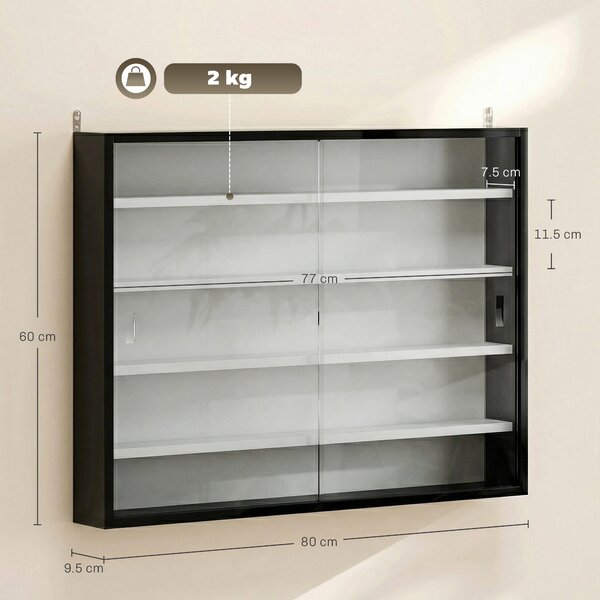 HOMCOM 5-Tier Wall Display Cabinet, Wall Mounted Display Case w/ 4 Adjustable Shelves, Glass Doors, 60x80cm, Black and White