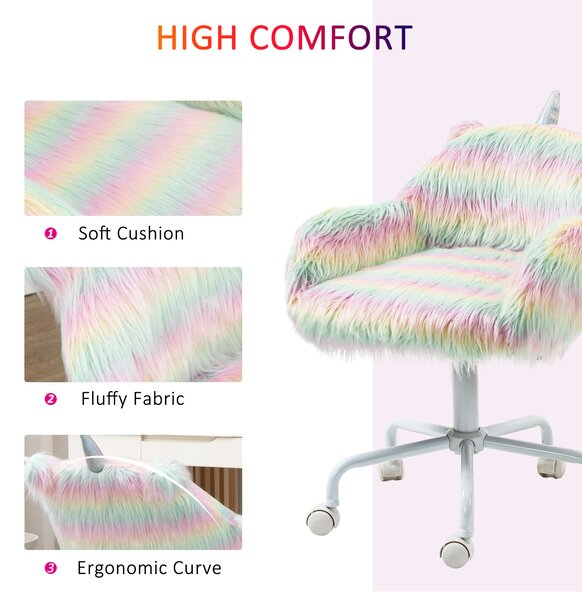 Vinsetto Unicorn Home Office Chair, Height Adjustable Fluffy Desk Chair with Armrests and Swivel Wheels, Makeup Chair, Colourful Aosom UK