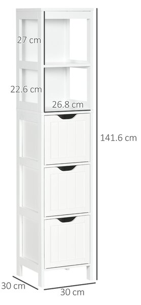 HOMCOM Narrow Floor Cabinet, Bathroom Cabinet with 3 Drawers and 2 Open Shelves, 30W x 30D x 141.6Hcm, White