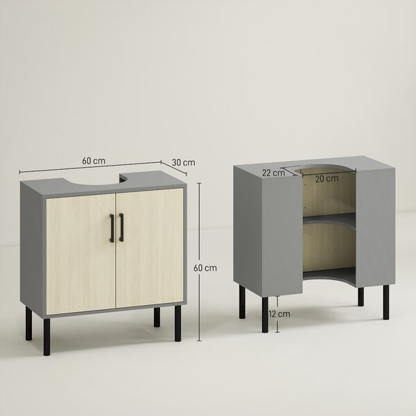 Kleankin Under Sink Cabinet, Under Sink Unit Bathroom Vanity , Storage Cupboard with Double Doors, Storage Shelves, 60x30x61cm, Natural