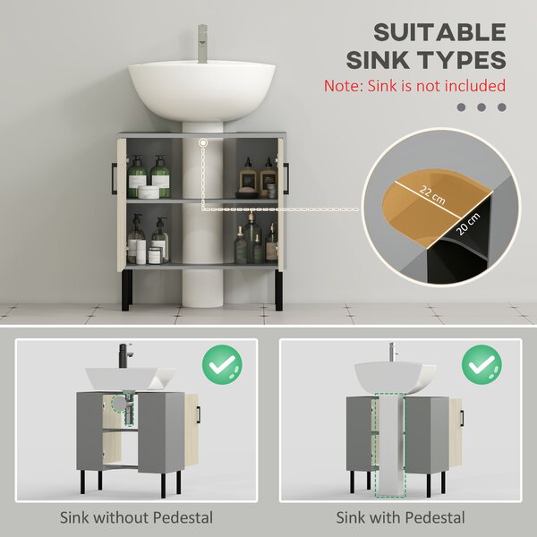 Kleankin Under Sink Cabinet, Under Sink Unit Bathroom Vanity , Storage Cupboard with Double Doors, Storage Shelves, 60x30x61cm, Natural