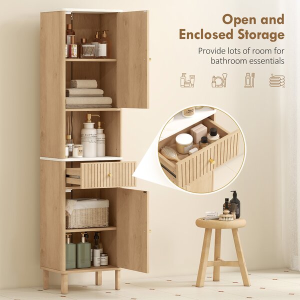 HOMCOM Slim Bathroom Cabinet with Silent Rail Oak Bathroom Cabinet with Adjustable Shelves for Scandinavian, Japanese Styles - Wood-Effect Aosom UK