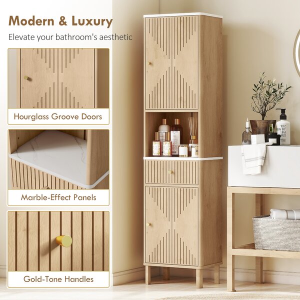 HOMCOM Slim Bathroom Cabinet with Silent Rail Oak Bathroom Cabinet with Adjustable Shelves for Scandinavian, Japanese Styles - Wood-Effect Aosom UK