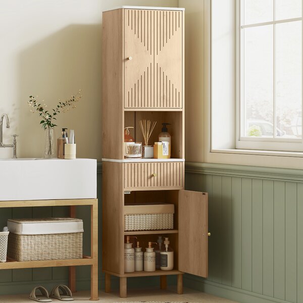 HOMCOM Slim Bathroom Cabinet with Silent Rail Oak Bathroom Cabinet with Adjustable Shelves for Scandinavian, Japanese Styles - Wood-Effect Aosom UK