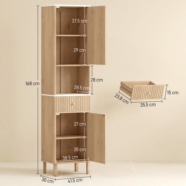 HOMCOM Slim Bathroom Cabinet with Silent Rail Oak Bathroom Cabinet with Adjustable Shelves for Scandinavian, Japanese Styles - Wood-Effect Aosom UK