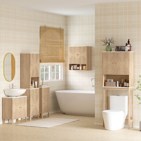 HOMCOM Slim Bathroom Cabinet with Silent Rail Oak Bathroom Cabinet with Adjustable Shelves for Scandinavian, Japanese Styles - Wood-Effect Aosom UK