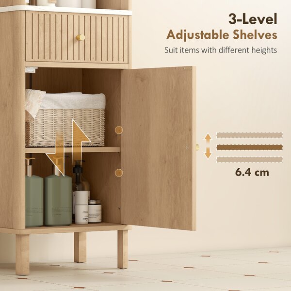 HOMCOM Slim Bathroom Cabinet with Silent Rail Oak Bathroom Cabinet with Adjustable Shelves for Scandinavian, Japanese Styles - Wood-Effect Aosom UK