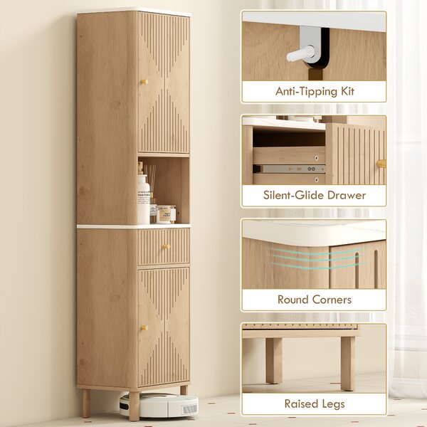 HOMCOM Slim Bathroom Cabinet with Silent Rail Oak Bathroom Cabinet with Adjustable Shelves for Scandinavian, Japanese Styles - Wood-Effect Aosom UK