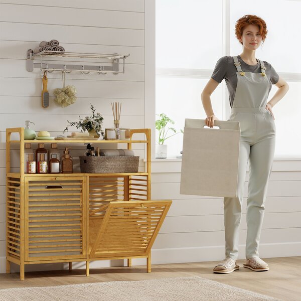 HOMCOM Double Tilt Out Bamboo Laundry Cabinet, Freestanding Bathroom Cabinet with 2 Removable Baskets, Natural