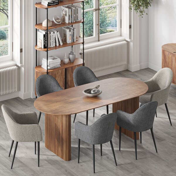 Indus Valley Zen Dining Table With 6 Boucle Grey Dining Chairs