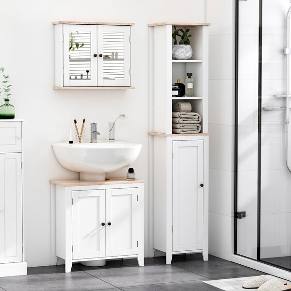 Kleankin Bathroom Furniture Set, Mirror Cabinet Wall Mounted with Adjustable Shelf, Bathroom Sink Cabinet, White and Wood Grain Aosom UK