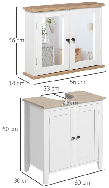 Kleankin Bathroom Furniture Set, Mirror Cabinet Wall Mounted with Adjustable Shelf, Bathroom Sink Cabinet, White and Wood Grain Aosom UK