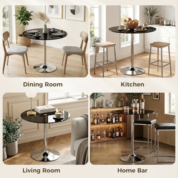 HOMCOM Round Bar Table, Modern Dining Table with Tempered Glass Top and Steel Frame for 4, 80 x 80 x 77cm, Black