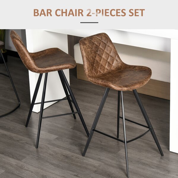 HOMCOM Set of 2 Bar Chair, Bar Stools w/ Vintage Microfiber Cloth Tub Seats Padded, Steel Frame Footrest, Home Cafe Kitchen Chair, Brown Aosom UK