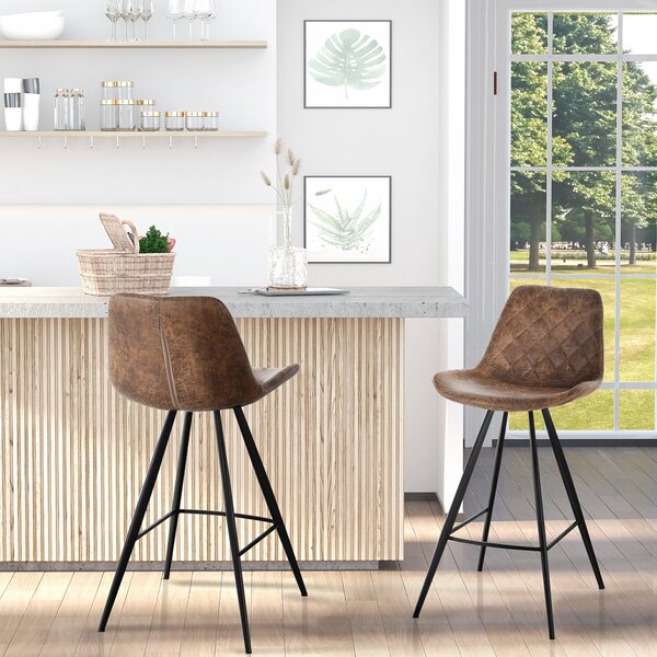 HOMCOM Set of 2 Bar Chair, Bar Stools w/ Vintage Microfiber Cloth Tub Seats Padded, Steel Frame Footrest, Home Cafe Kitchen Chair, Brown Aosom UK