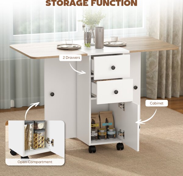 HOMCOM Multi-Storage Six-Person Drop Leaf Dining Table - Oak and White Aosom UK