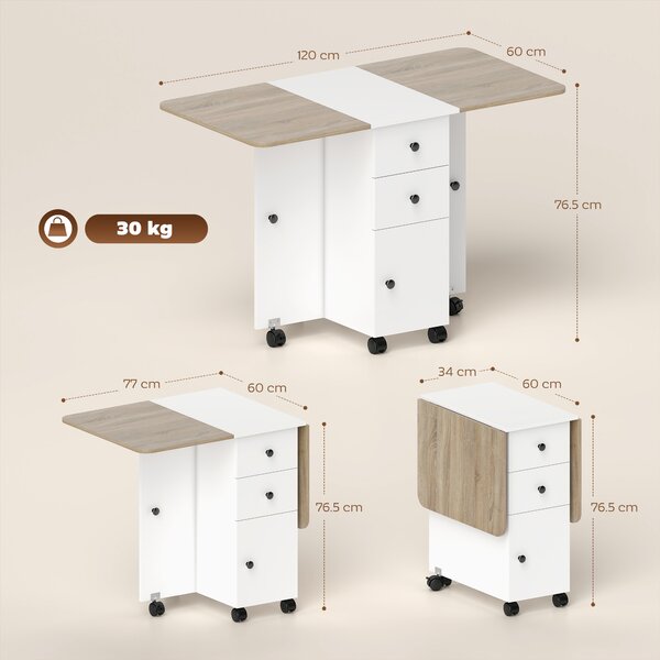 HOMCOM Multi-Storage Six-Person Drop Leaf Dining Table - Oak and White Aosom UK