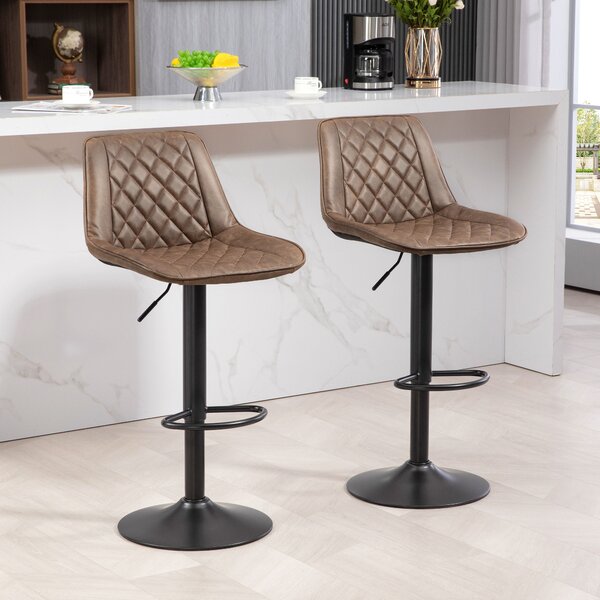 HOMCOM Bar Stools Set of 2, Retro Adjustable Kitchen Stool, Swivel PU Leather Upholstered Bar Chairs w/ Back, Footrest & Steel Base, Brown Aosom UK