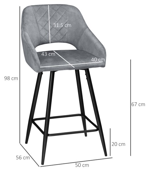 HOMCOM Set of 2 Velvet-Touch Bar Stools with Backrest, Counter Height Chairs, Steel Legs for Kitchen/Dining Area, Grey Aosom UK