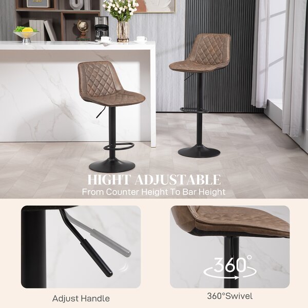HOMCOM Bar Stools Set of 2, Retro Adjustable Kitchen Stool, Swivel PU Leather Upholstered Bar Chairs w/ Back, Footrest & Steel Base, Brown Aosom UK