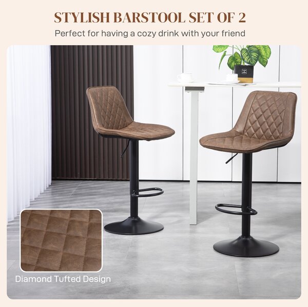HOMCOM Bar Stools Set of 2, Retro Adjustable Kitchen Stool, Swivel PU Leather Upholstered Bar Chairs w/ Back, Footrest & Steel Base, Brown Aosom UK