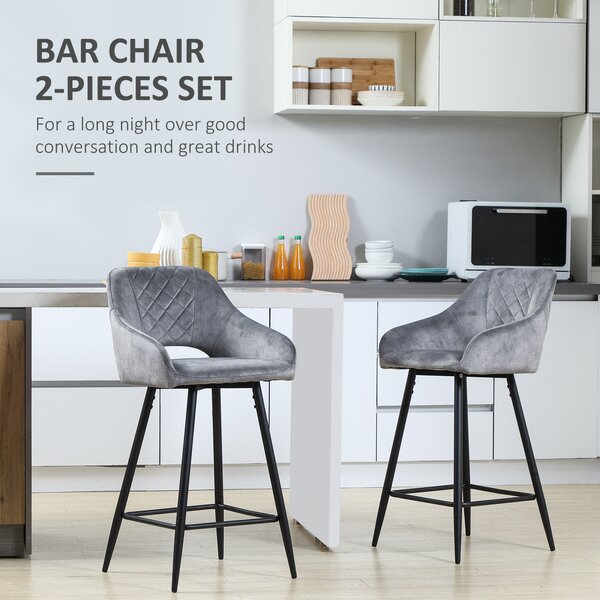 HOMCOM Set of 2 Velvet-Touch Bar Stools with Backrest, Counter Height Chairs, Steel Legs for Kitchen/Dining Area, Grey Aosom UK