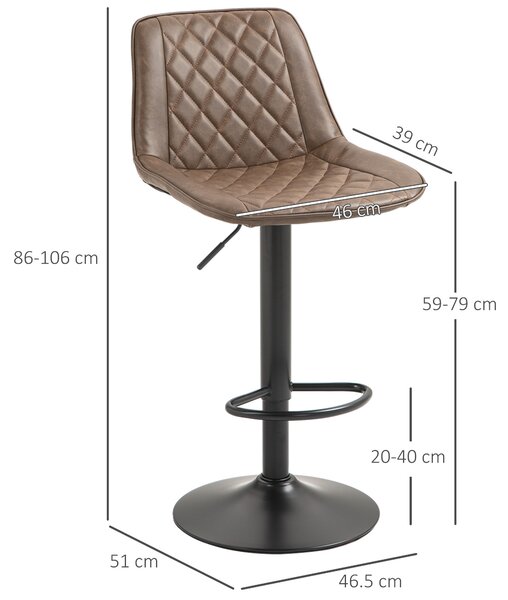 HOMCOM Bar Stools Set of 2, Retro Adjustable Kitchen Stool, Swivel PU Leather Upholstered Bar Chairs w/ Back, Footrest & Steel Base, Brown Aosom UK