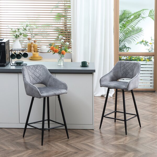 HOMCOM Set of 2 Velvet-Touch Bar Stools with Backrest, Counter Height Chairs, Steel Legs for Kitchen/Dining Area, Grey Aosom UK