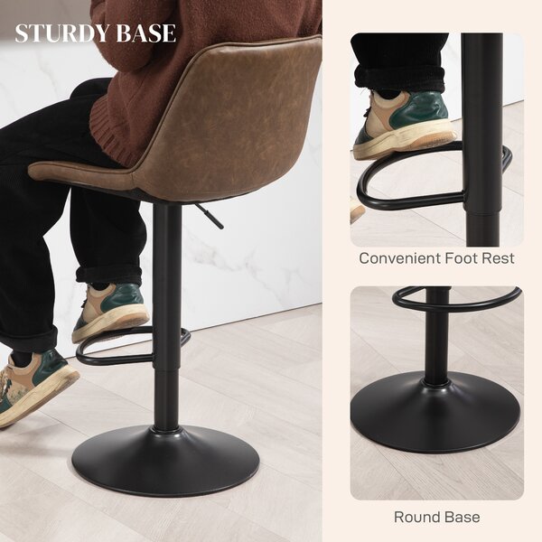 HOMCOM Bar Stools Set of 2, Retro Adjustable Kitchen Stool, Swivel PU Leather Upholstered Bar Chairs w/ Back, Footrest & Steel Base, Brown Aosom UK