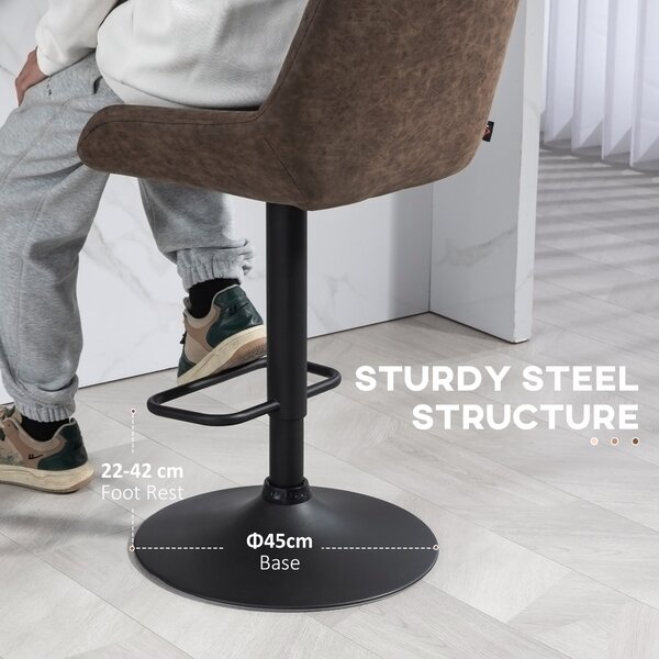 HOMCOM Retro Bar Stools Adjustable High Back Faux Leather Set of Two 360° Swivel Bar Stools for Kitchen Bar Pub, Brown Aosom UK