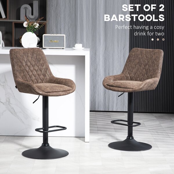 HOMCOM Retro Bar Stools Adjustable High Back Faux Leather Set of Two 360° Swivel Bar Stools for Kitchen Bar Pub, Brown Aosom UK