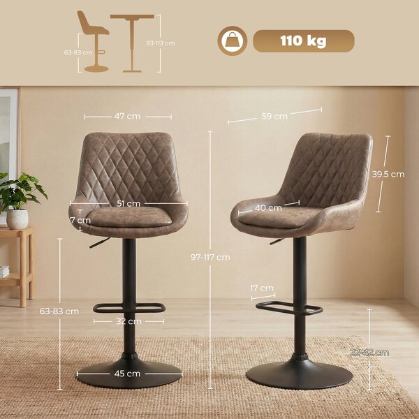 HOMCOM Retro Bar Stools Adjustable High Back Faux Leather Set of Two 360° Swivel Bar Stools for Kitchen Bar Pub, Brown Aosom UK
