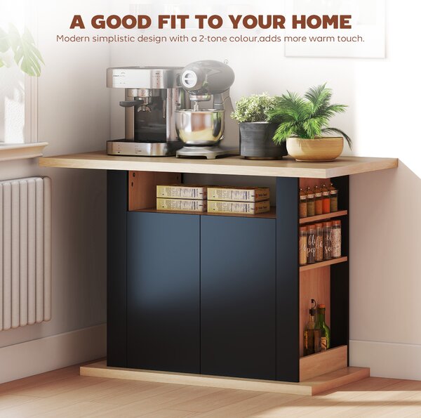 HOMCOM Kitchen Island with Spice Rack, Kitchen Storage with Large Tabletop for 4 People, Adjustable Shelves Black & Natural