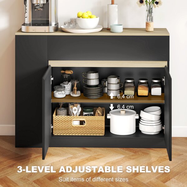 HOMCOM Sideboard, Storage Cabinet with Adjustable Shelf, 2 Drawers, 3 Open Shelves, Black