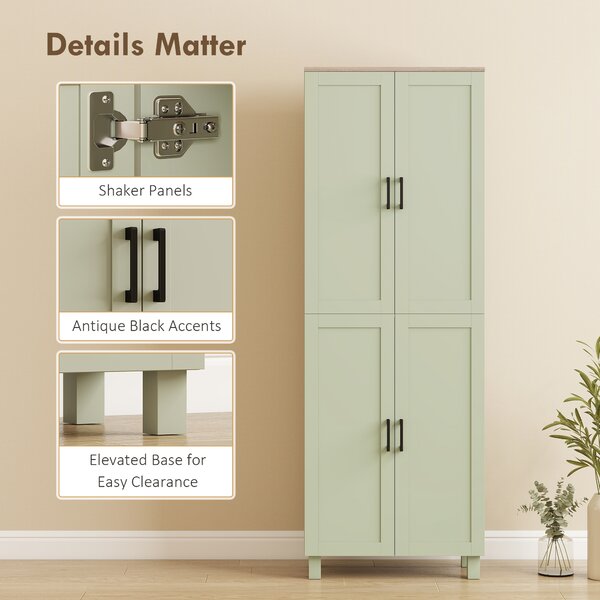 HOMCOM Freestanding Kitchen Cupboard, 4-Door Storage Cabinet with Adjustable Shelves, Modern Kitchen Pantry, 170cm, Green