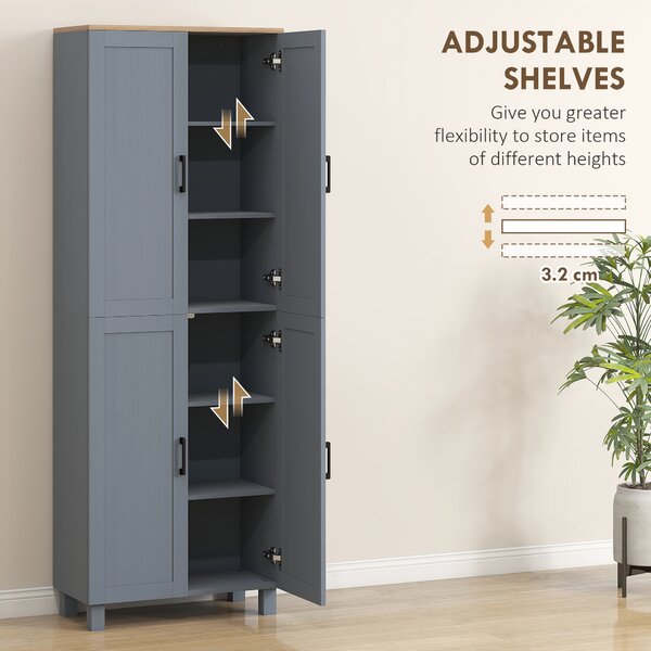 HOMCOM Freestanding Kitchen Cupboard, 4-Door Storage Cabinet with Adjustable Shelves, Modern Kitchen Pantry for Dining Room, 170cm, Grey Wood Effect