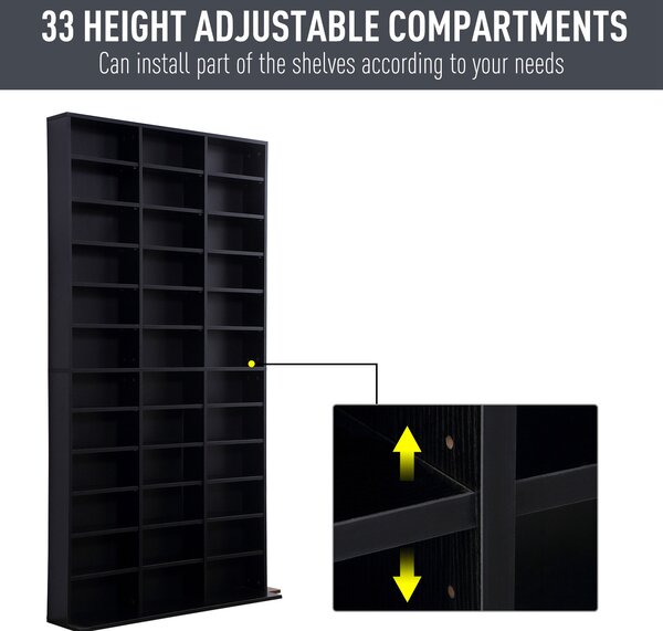 HOMCOM CD / DVD Storage Shelf Storage Unit for 1116 CDs Height-Adjustable Compartments 102 x 24 x 195 cm Black