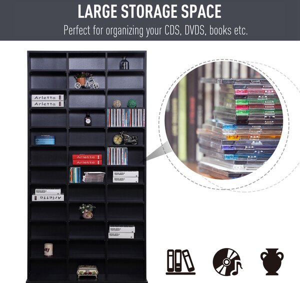 HOMCOM CD / DVD Storage Shelf Storage Unit for 1116 CDs Height-Adjustable Compartments 102 x 24 x 195 cm Black