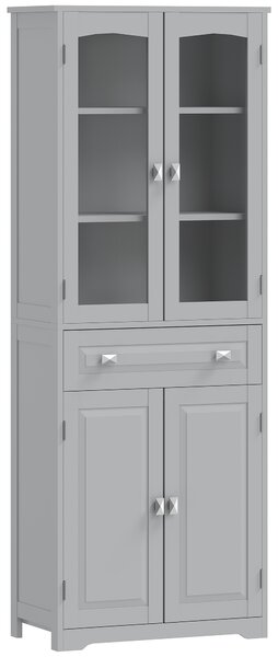 HOMCOM Freestanding Kitchen Cupboard, Storage Cabinet with 2 Adjustable Shelves, Drawer and Glass Door for Living Room, Grey