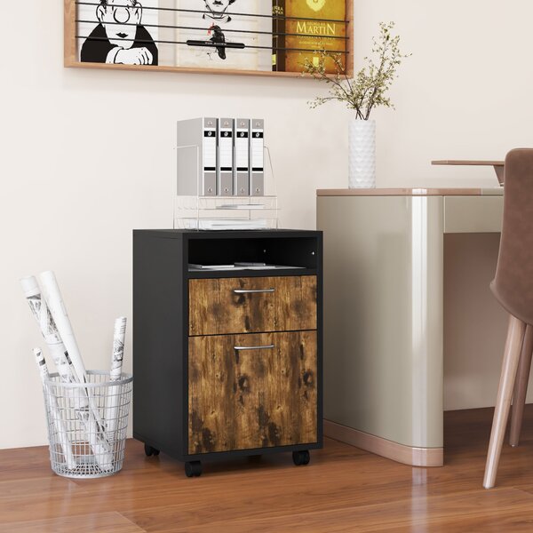 HOMCOM 60cm Storage Cabinet with Drawer, Open Shelf, Metal Handles and 4 Wheels, Office Home Organiser Mobile Printer, Rustic Brown Aosom UK