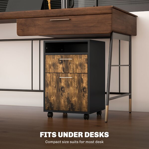 HOMCOM 60cm Storage Cabinet with Drawer, Open Shelf, Metal Handles and 4 Wheels, Office Home Organiser Mobile Printer, Rustic Brown Aosom UK