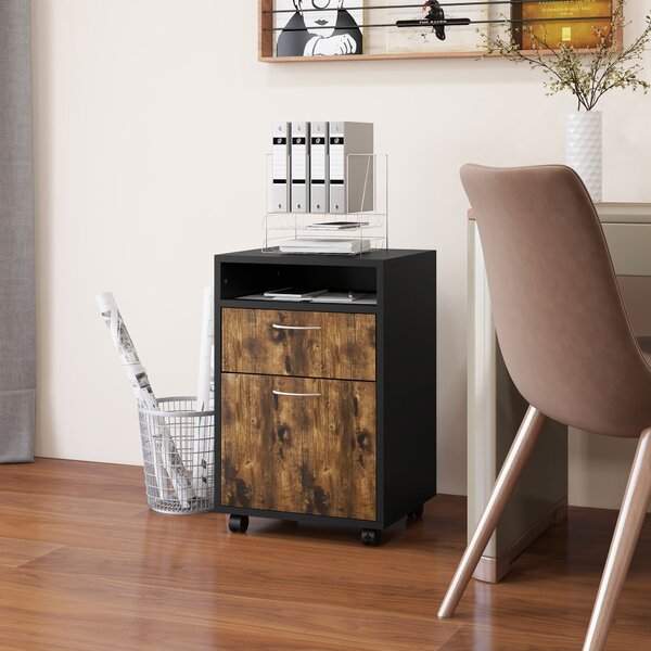 HOMCOM 60cm Storage Cabinet with Drawer, Open Shelf, Metal Handles and 4 Wheels, Office Home Organiser Mobile Printer, Rustic Brown Aosom UK