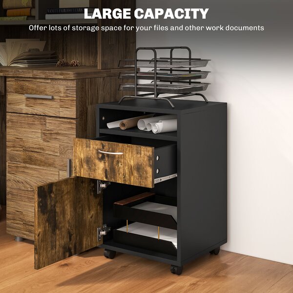 HOMCOM 60cm Storage Cabinet with Drawer, Open Shelf, Metal Handles and 4 Wheels, Office Home Organiser Mobile Printer, Rustic Brown Aosom UK