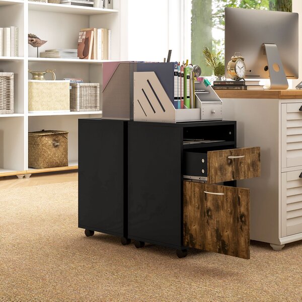 HOMCOM 60cm Storage Cabinet with Drawer, Open Shelf, Metal Handles and 4 Wheels, Office Home Organiser Mobile Printer, Rustic Brown Aosom UK