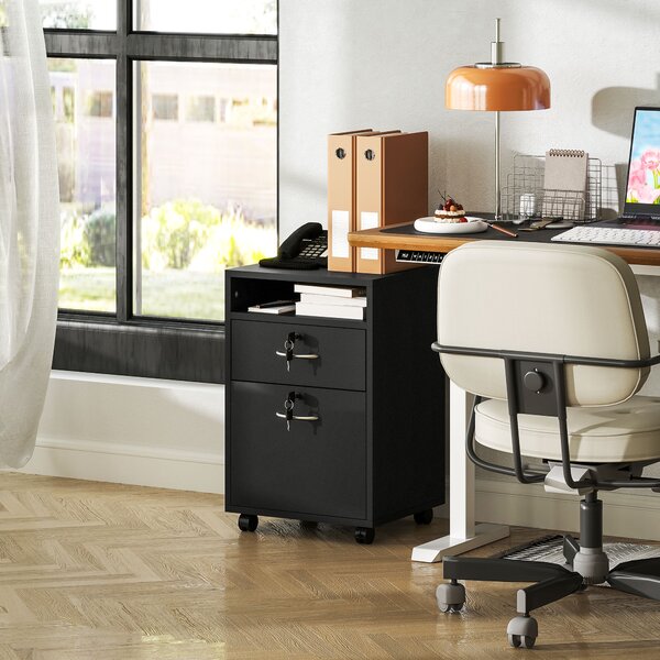 HOMCOM 60cm Storage Cabinet with Drawer, Open Shelf, Metal Handles and 4 Wheels, Office Home Organiser Mobile Printer, Black Aosom UK