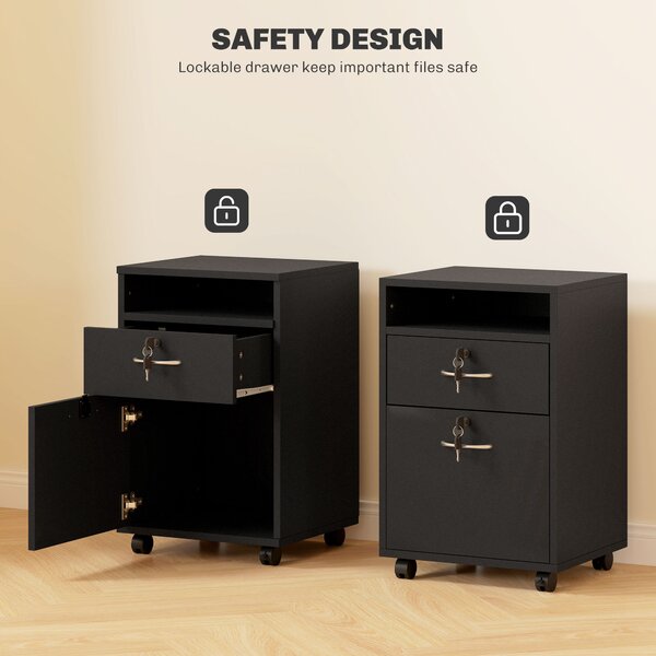 HOMCOM 60cm Storage Cabinet with Drawer, Open Shelf, Metal Handles and 4 Wheels, Office Home Organiser Mobile Printer, Black Aosom UK